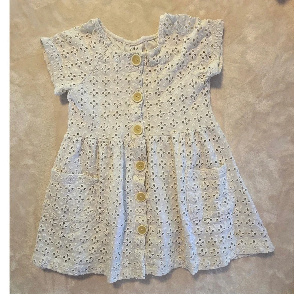 ZARA Kids White‎ Cotton Button Front Eyelet Dress Size 6 Cottagecore Summer